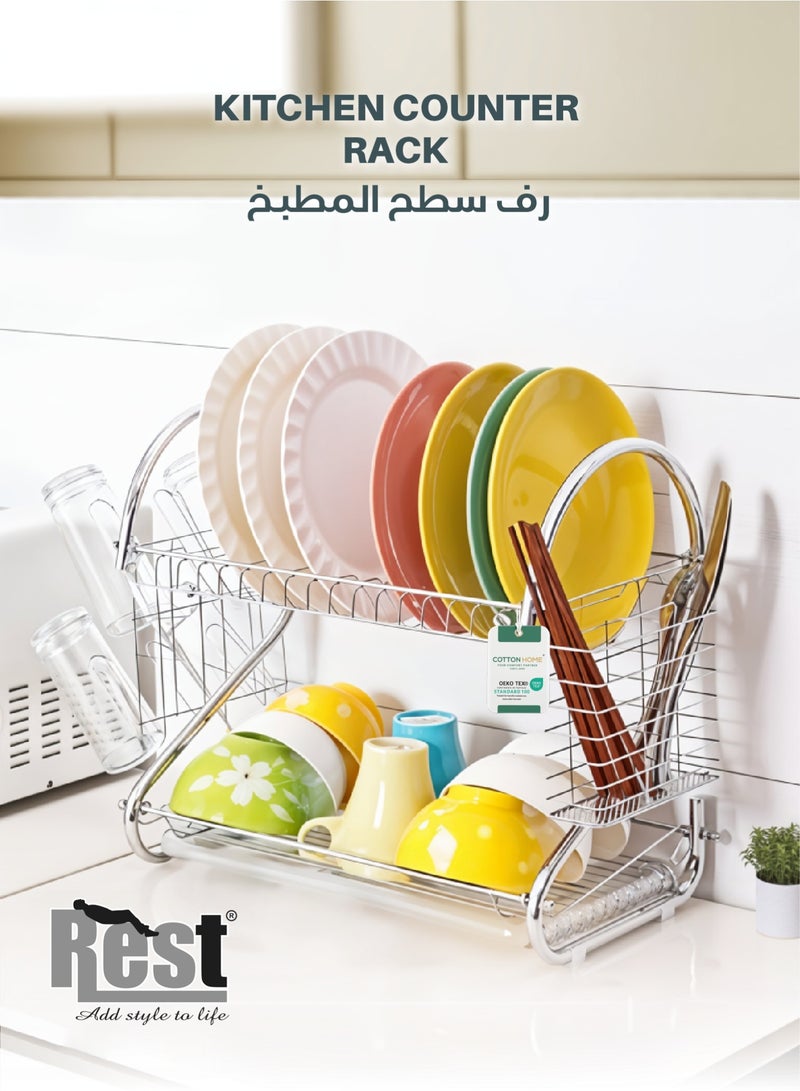 REST Rustproof Stainless Steel 2 Tier Dish Drying Rack, Dish Rack with Stable Footpad, Utensil & Cup Holders, Automatic Drainage Drainboard Large Capacity for Small Kitchen Silver - Image 1